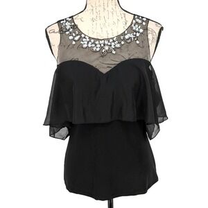 Minerva Evening Blouse Top Med Black Sheer Embellished Layered